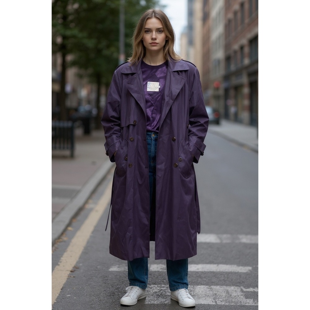 American Bazaar Vintage Purple Trench Coat Removable Wool Liner Belted Womens L - Picture 8 of 8